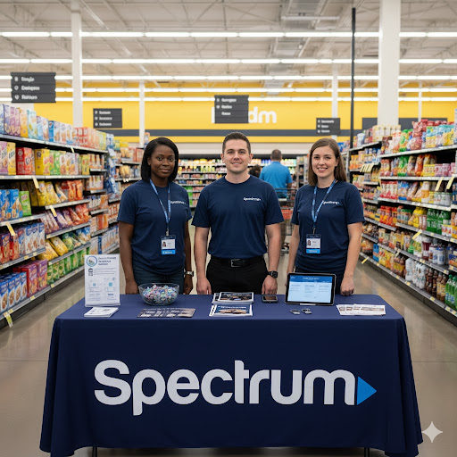 Spectrum sales team at indoor retail location with promotional booth